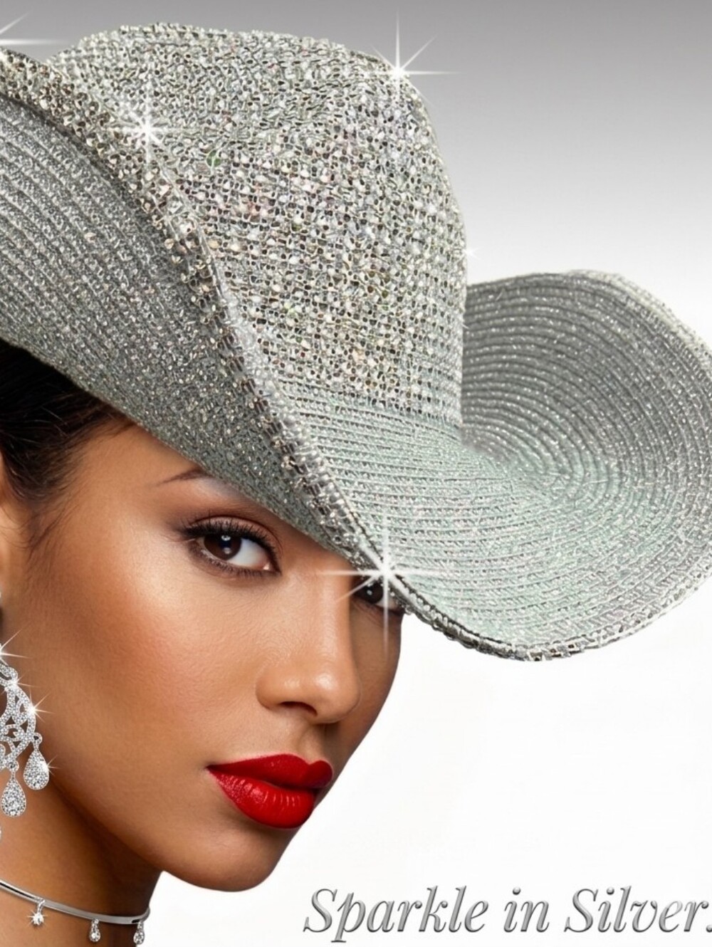 Beloved Millinery Stunning Silver Couture Jeweled Pave Cowboy Hat Rhinestones